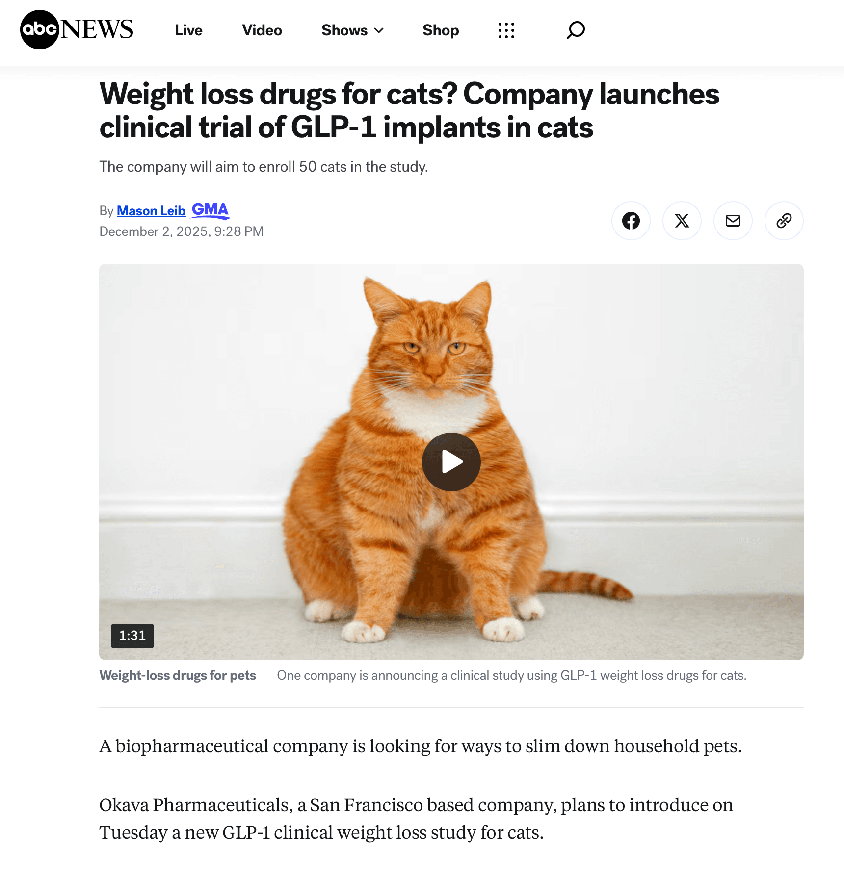 ABC News: Weight loss drugs for cats? Company launches clinical trial